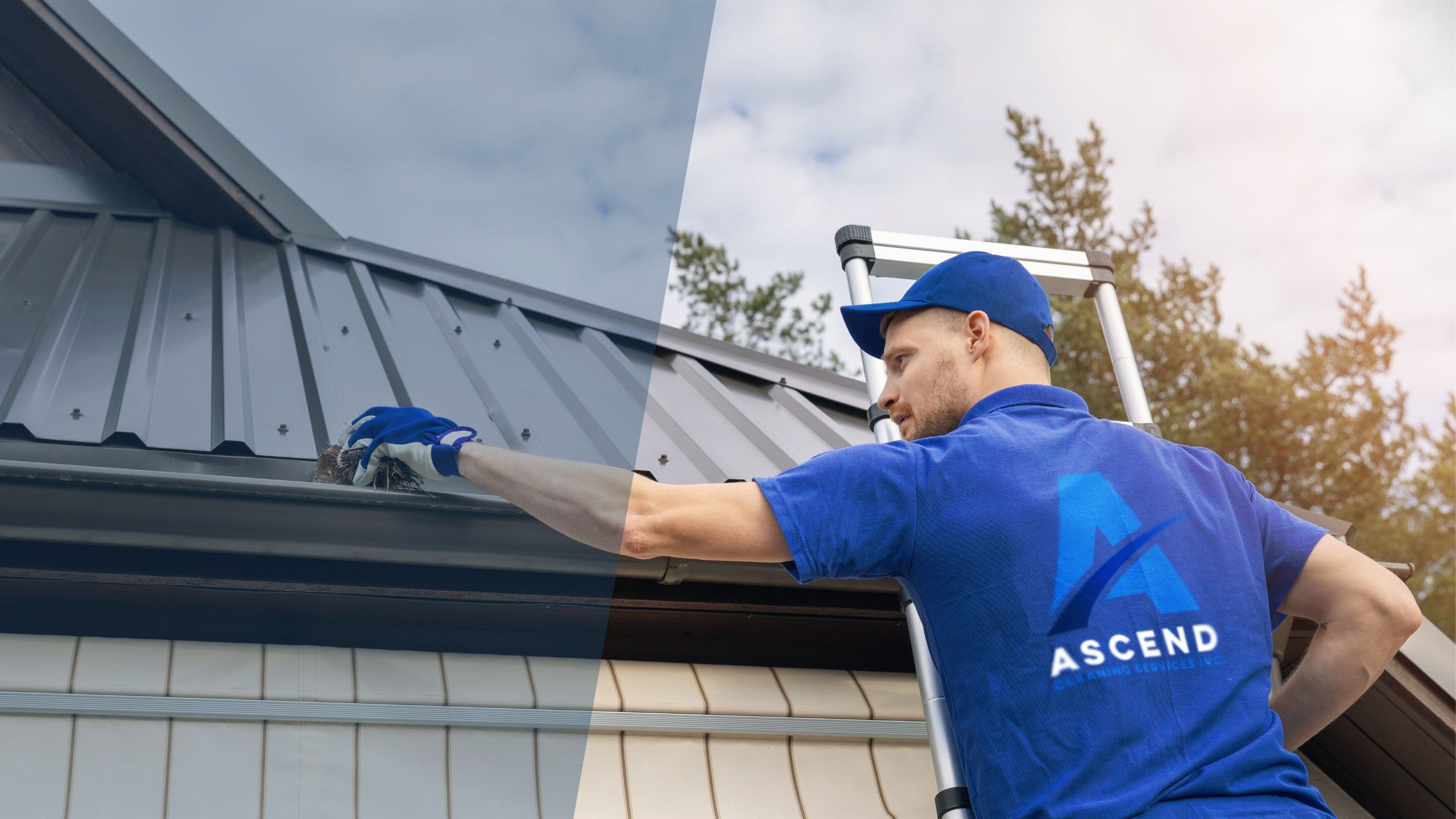 Ascend gutter cleaning team cleaning gutters on building Ascend Cleaning Services Inc.